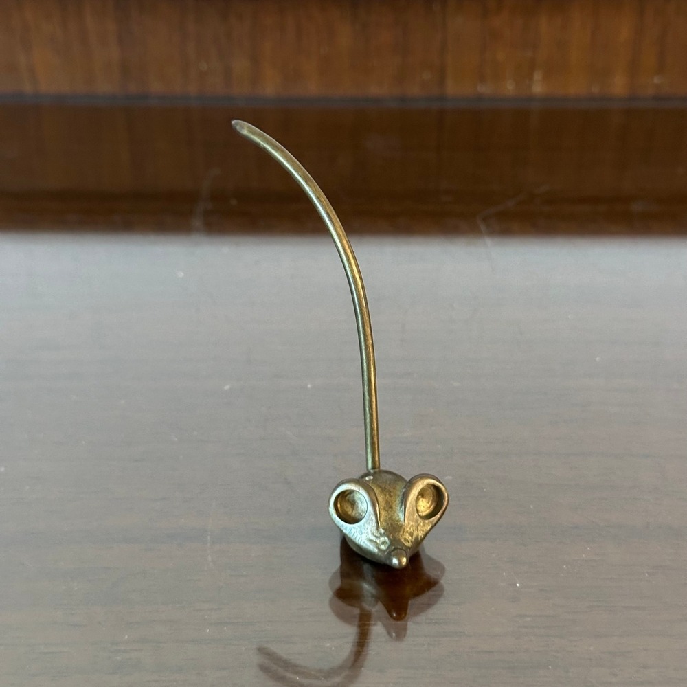 Vintage Brass Mouse Figurine Ring Holder Receipt Spike Paperweight Long Tail 3"